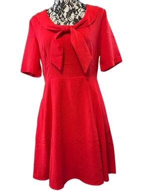 Tulip B Designed by J317 Red Short Sleeve Bow Neck A-Line Dress